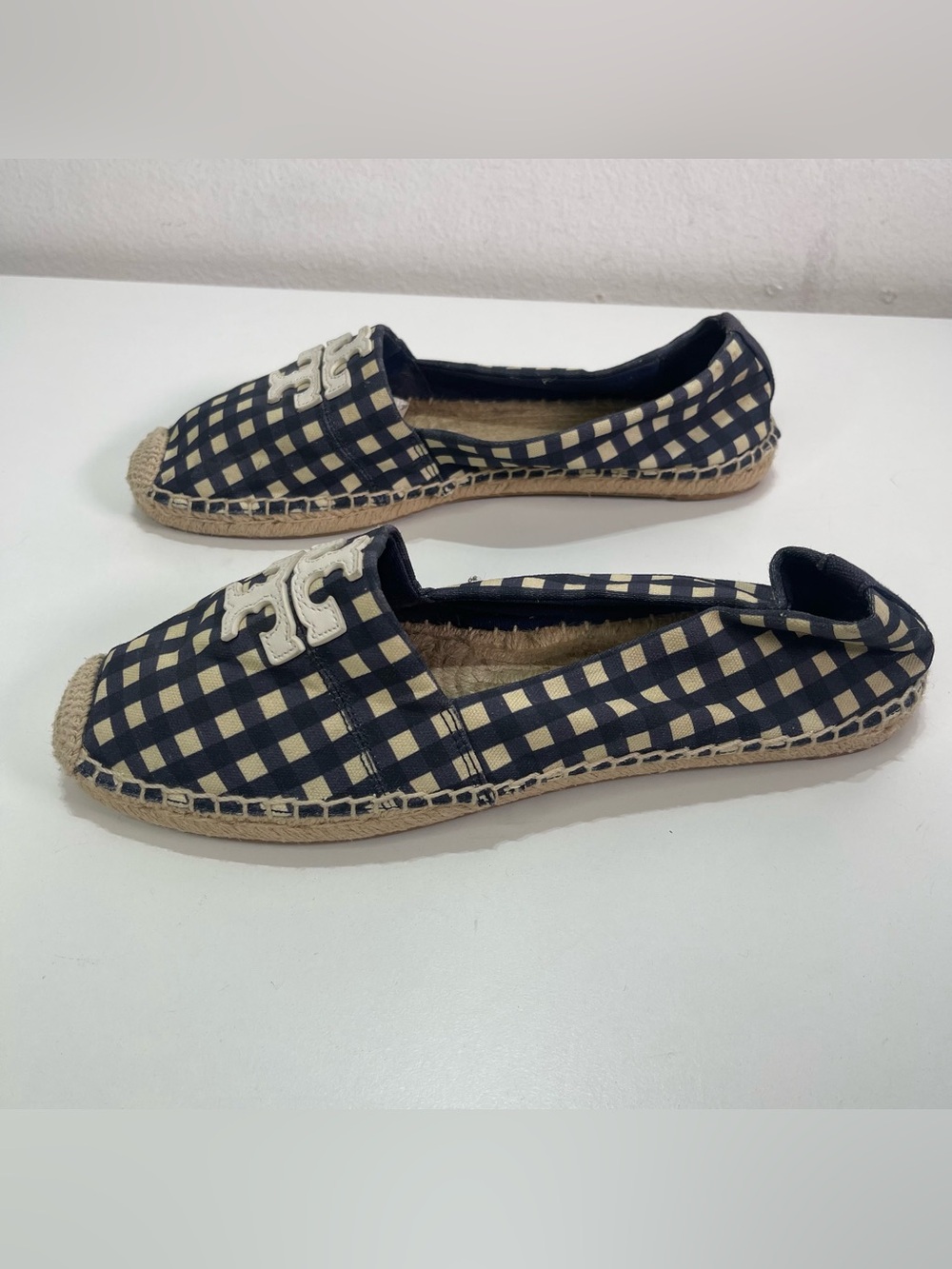 Tory Burch Espadrille Flats Women's 11 Logo Slip On Flats Gingham Check Blue - Picture 2 of 7